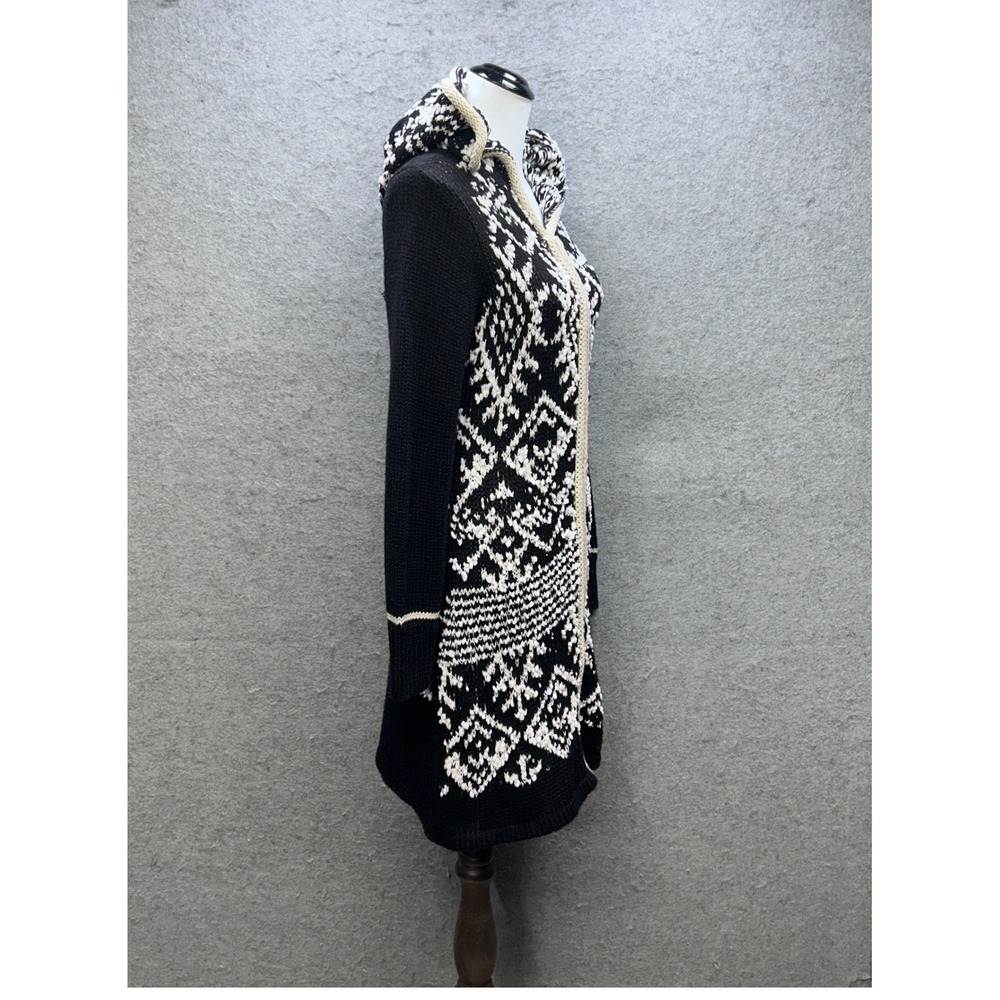 Venus Hooded Cardigan Women Size M Black White Geometric Excellent Longline Zip - Picture 3 of 12